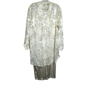Victorias Secret Womens Pajamas Set Size M Sheer Floral Cream Satin Romantic VTG